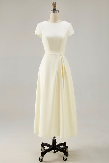 Daffodil A Line Satin Short Sleeves Boat Neck Long Work Dress